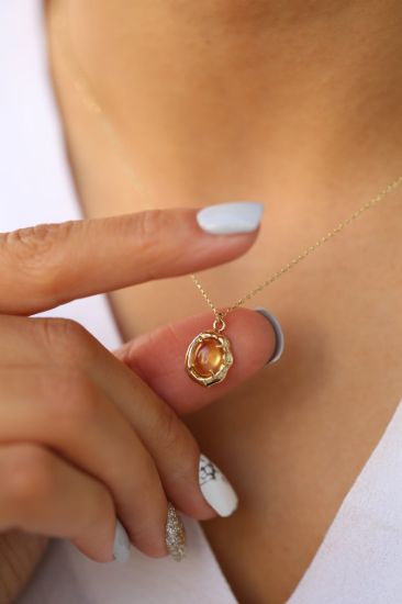 Sarı Doğal Taş Oval Altın Kolye resmi