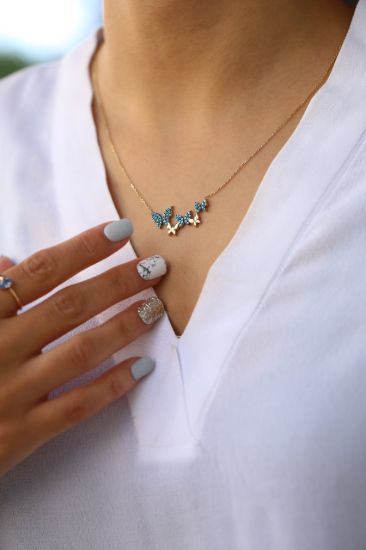 Altın Firuze Taşlı 4'lü Kelebek Kolye resmi