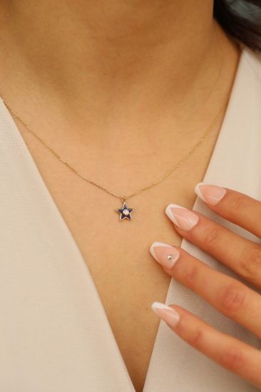 Altın Lacivert Mineli Yıldız Kolye resmi