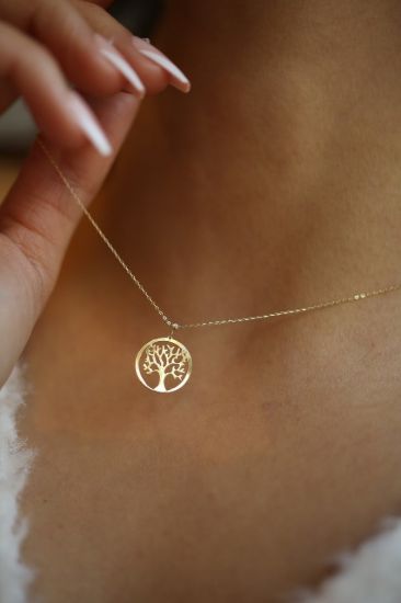Altın Dilek Ağacı Yuvarlak Plaka Kolye resmi