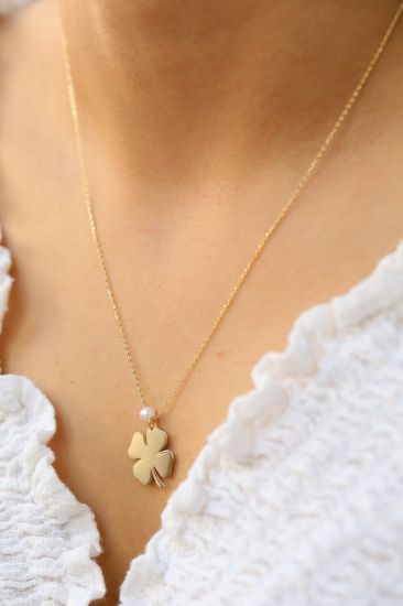 Altın Plaka İncili Yonca Kolye resmi