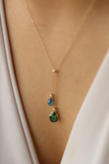 Altın Çift Damla Renkli Kolye resmi