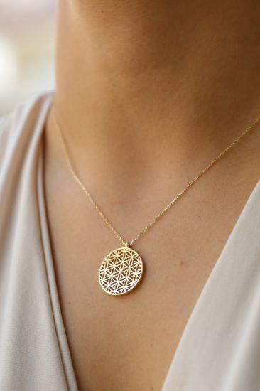 Altın Düz Yaşam Çiceği Plaka Kolye resmi