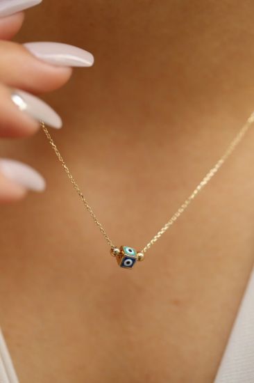 Altın Küpe Çift Renk Nazar Boncuklu Kolye resmi
